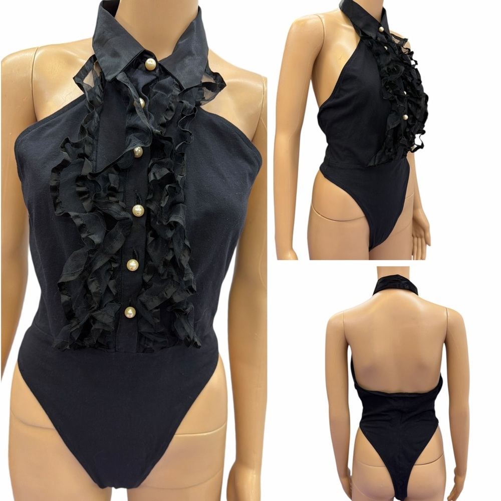 Vanity Black Ruffle Halter Sleeveless Collared Bodysuit Womens Large